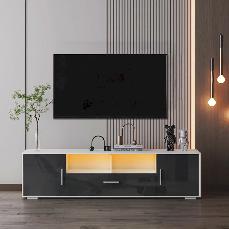 Mueble de TV gris de 62.99 pulgadas con luces LED, gabinetes y estantes abiertos para televisores de hasta 65 pulgadas