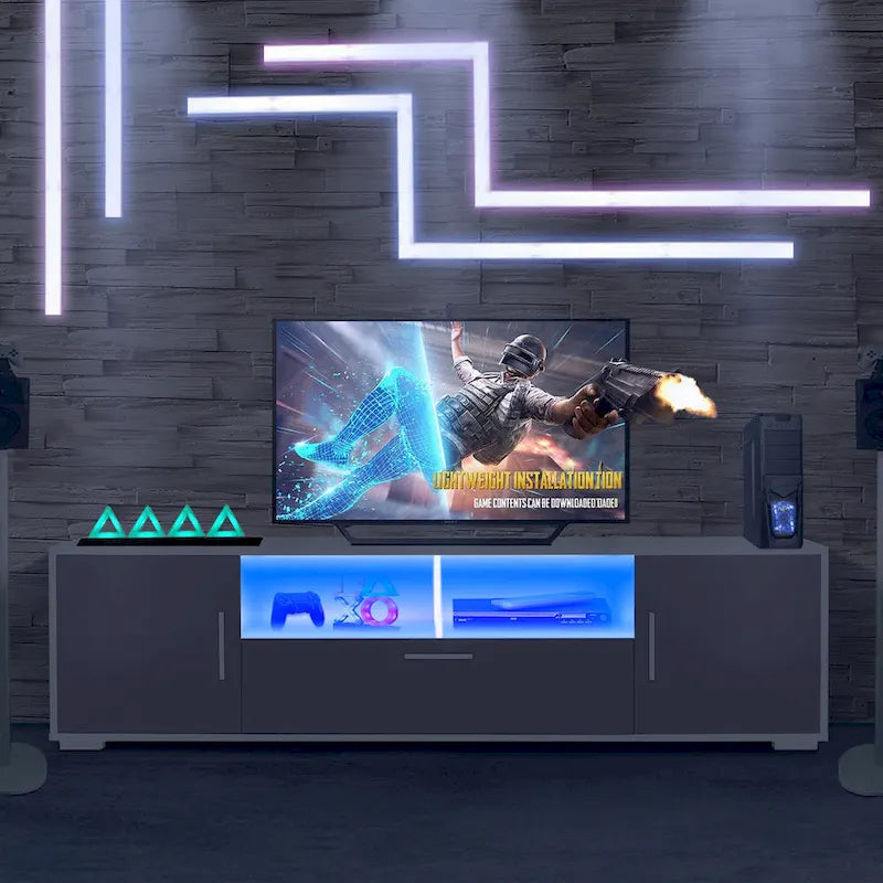 Mueble de TV gris de 62.99 pulgadas con luces LED, gabinetes y estantes abiertos para televisores de hasta 65 pulgadas
