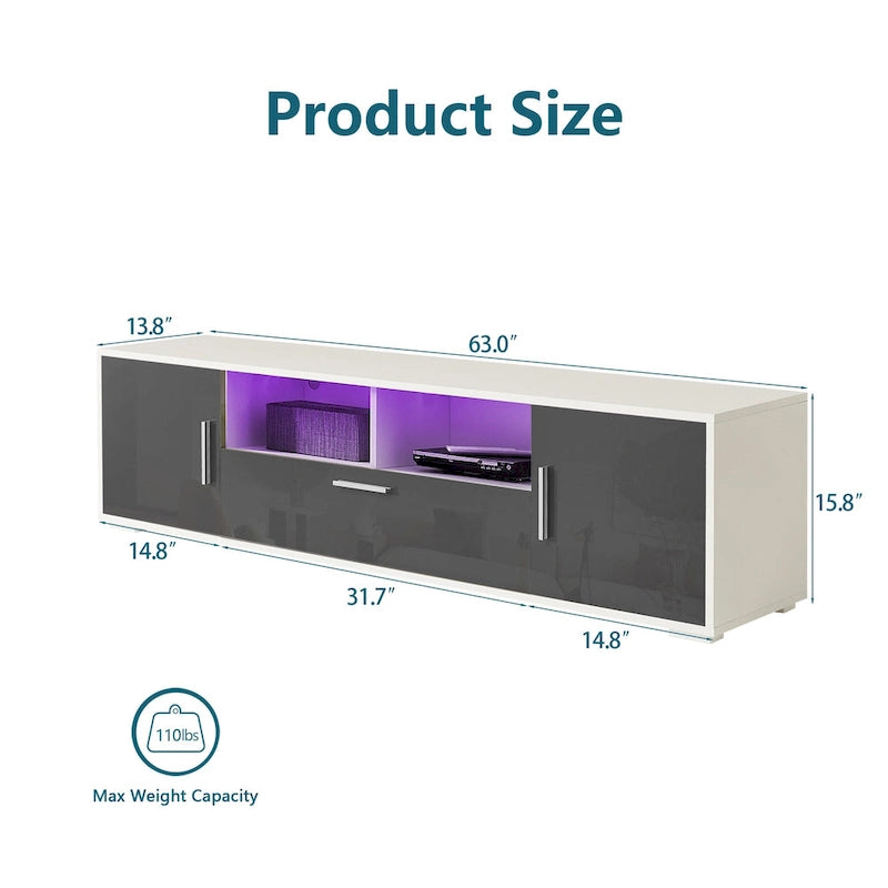Mueble de TV gris de 62.99 pulgadas con luces LED, gabinetes y estantes abiertos para televisores de hasta 65 pulgadas