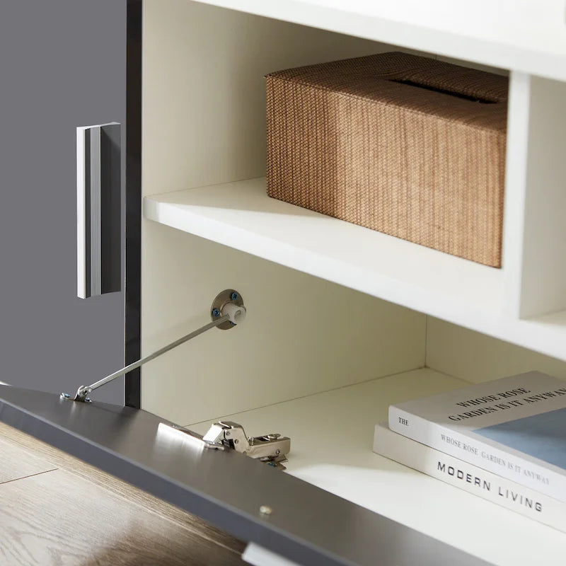 Mueble de TV gris de 62.99 pulgadas con luces LED, gabinetes y estantes abiertos para televisores de hasta 65 pulgadas