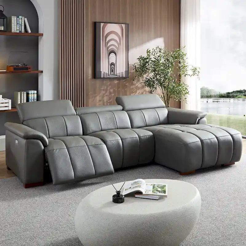 Sofá reclinable que se pega a la pared con control eléctrico moderno, sofá en forma de L de cuero genuino, muebles de asiento con puerto USB
