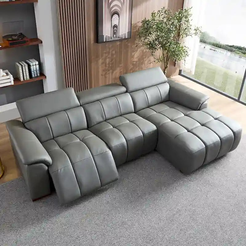 Sofá reclinable que se pega a la pared con control eléctrico moderno, sofá en forma de L de cuero genuino, muebles de asiento con puerto USB