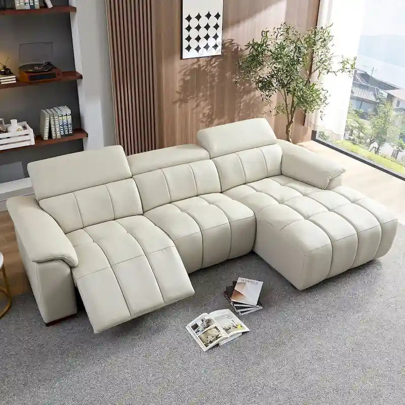 Sofá reclinable que se pega a la pared con control eléctrico moderno, sofá en forma de L de cuero genuino, muebles de asiento con puerto USB