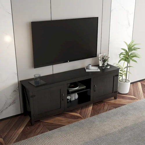 Mueble de TV negro de 70.08" con puertas y compartimentos abiertos para televisores de 60"