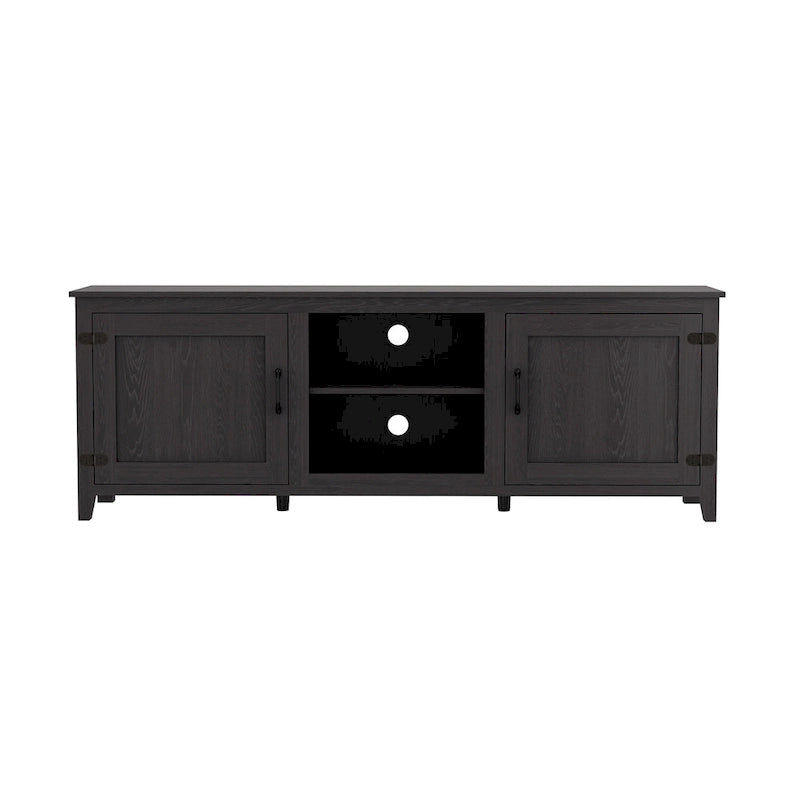 Mueble de TV negro de 70.08" con puertas y compartimentos abiertos para televisores de 60"