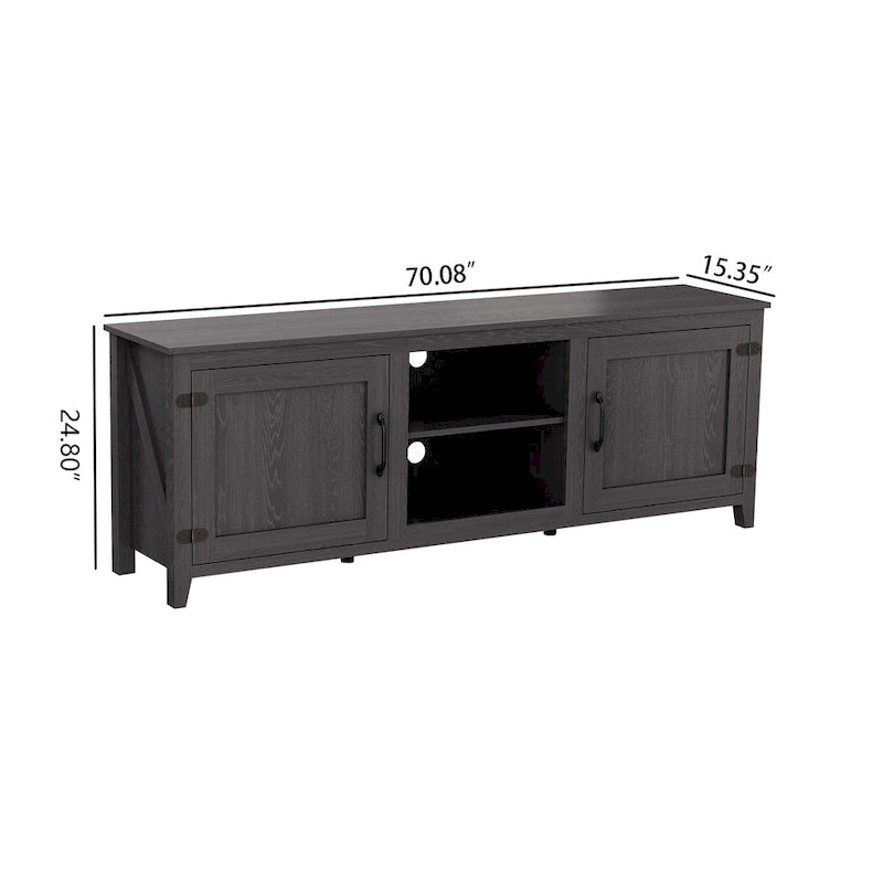 Mueble de TV negro de 70.08" con puertas y compartimentos abiertos para televisores de 60"