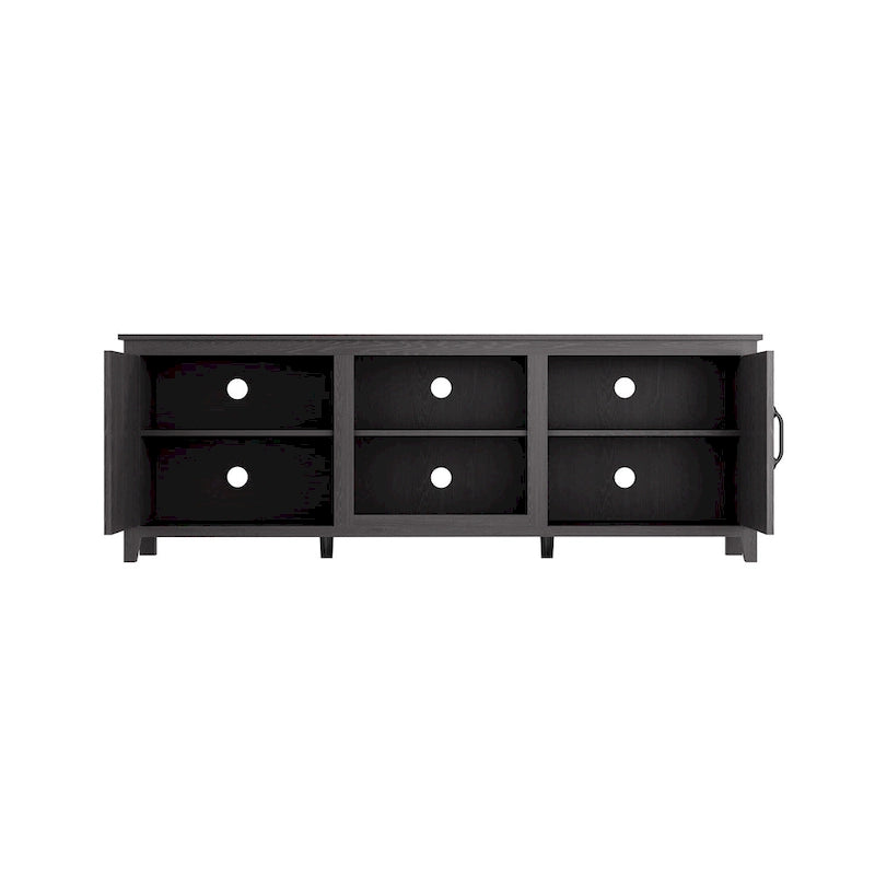 Mueble de TV negro de 70.08" con puertas y compartimentos abiertos para televisores de 60"