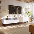Mueble de TV de 70.9 pulgadas blanco y natural con almacenamiento y puerta abatible para televisores de hasta 80 pulgadas