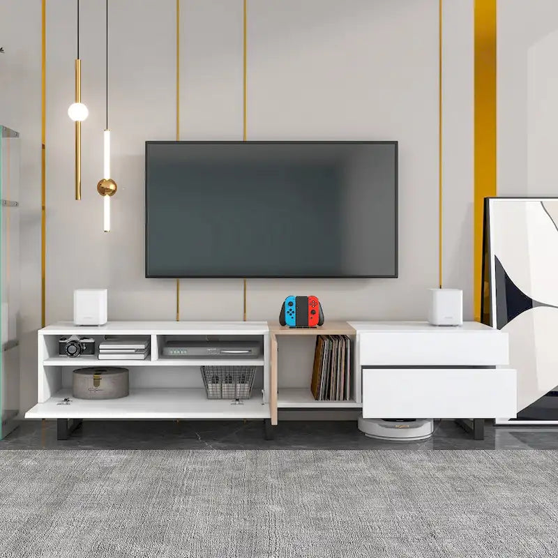 Mueble de TV de 70.9 pulgadas blanco y natural con almacenamiento y puerta abatible para televisores de hasta 80 pulgadas