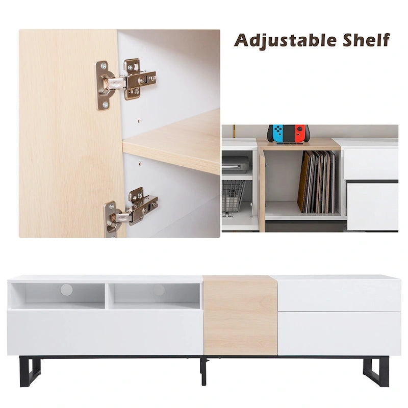 Mueble de TV de 70.9 pulgadas blanco y natural con almacenamiento y puerta abatible para televisores de hasta 80 pulgadas