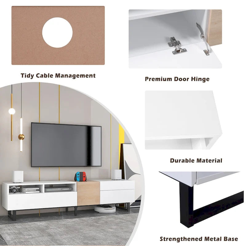 Mueble de TV de 70.9 pulgadas blanco y natural con almacenamiento y puerta abatible para televisores de hasta 80 pulgadas