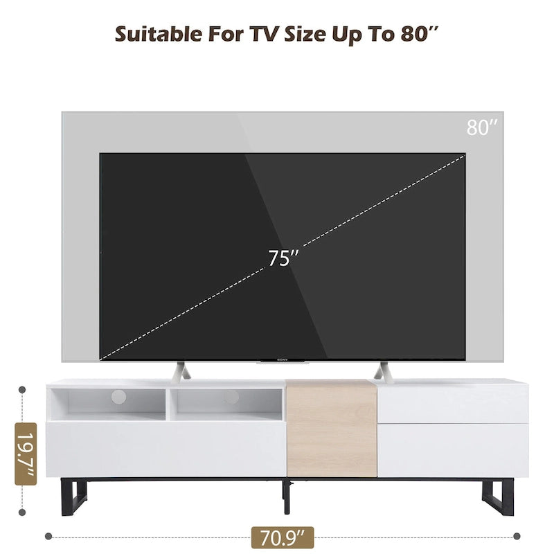 Mueble de TV de 70.9 pulgadas blanco y natural con almacenamiento y puerta abatible para televisores de hasta 80 pulgadas