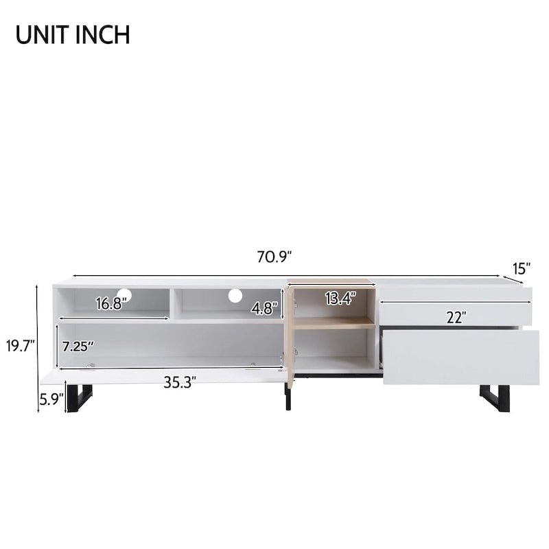 Mueble de TV de 70.9 pulgadas blanco y natural con almacenamiento y puerta abatible para televisores de hasta 80 pulgadas
