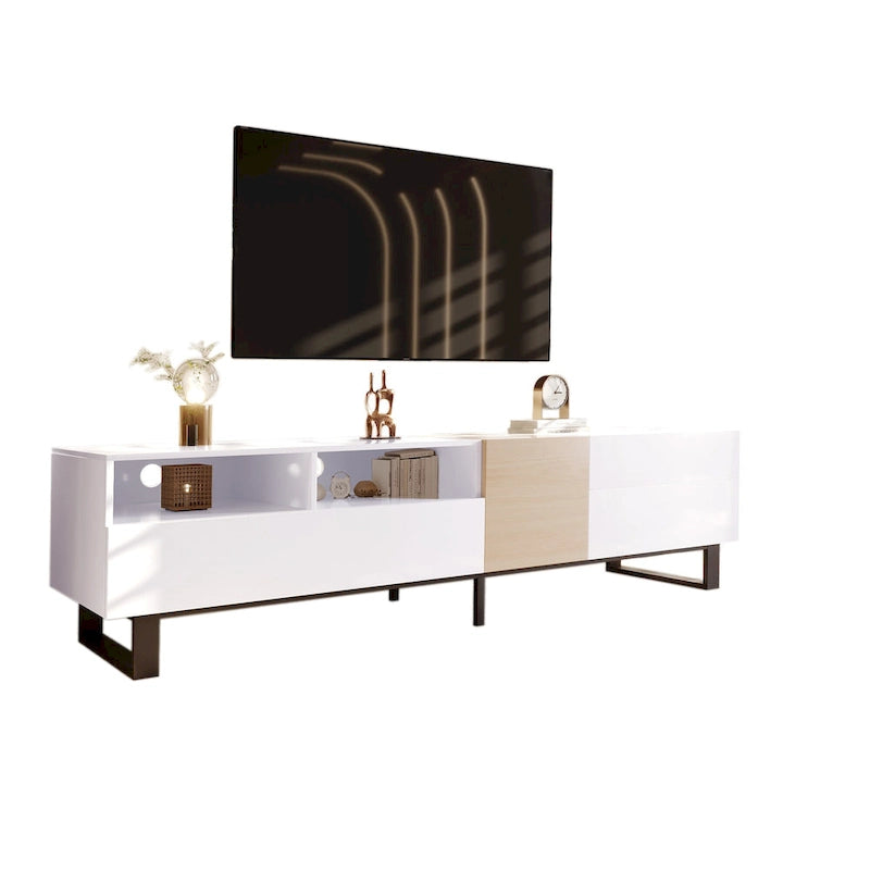 Mueble de TV de 70.9 pulgadas blanco y natural con almacenamiento y puerta abatible para televisores de hasta 80 pulgadas