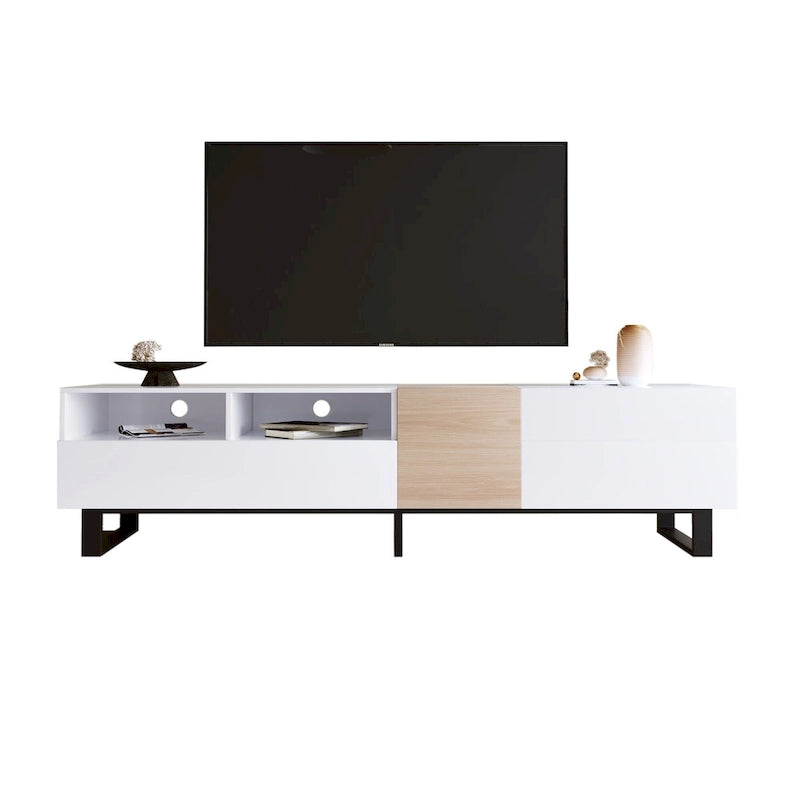 Mueble de TV de 70.9 pulgadas blanco y natural con almacenamiento y puerta abatible para televisores de hasta 80 pulgadas