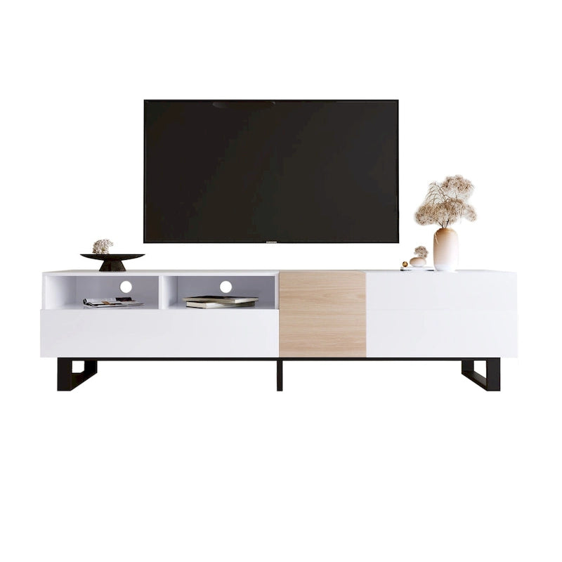 Mueble de TV de 70.9 pulgadas blanco y natural con almacenamiento y puerta abatible para televisores de hasta 80 pulgadas