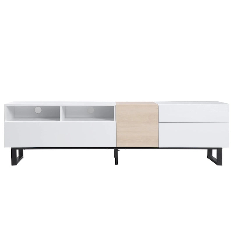 Mueble de TV de 70.9 pulgadas blanco y natural con almacenamiento y puerta abatible para televisores de hasta 80 pulgadas
