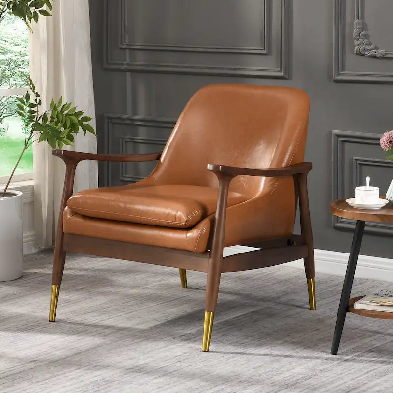Sillón de piel sintética marrón de 29.2 pulgadas con patas cónicas