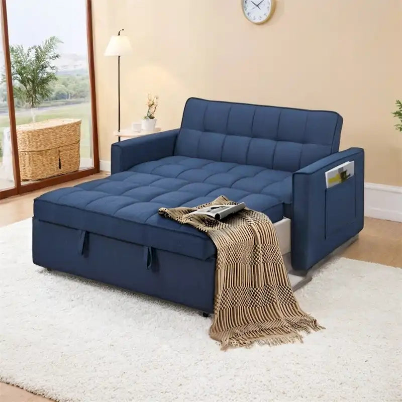 Elegante sofá cama extraíble con tejido de poliéster trenzado y estructura de madera maciza