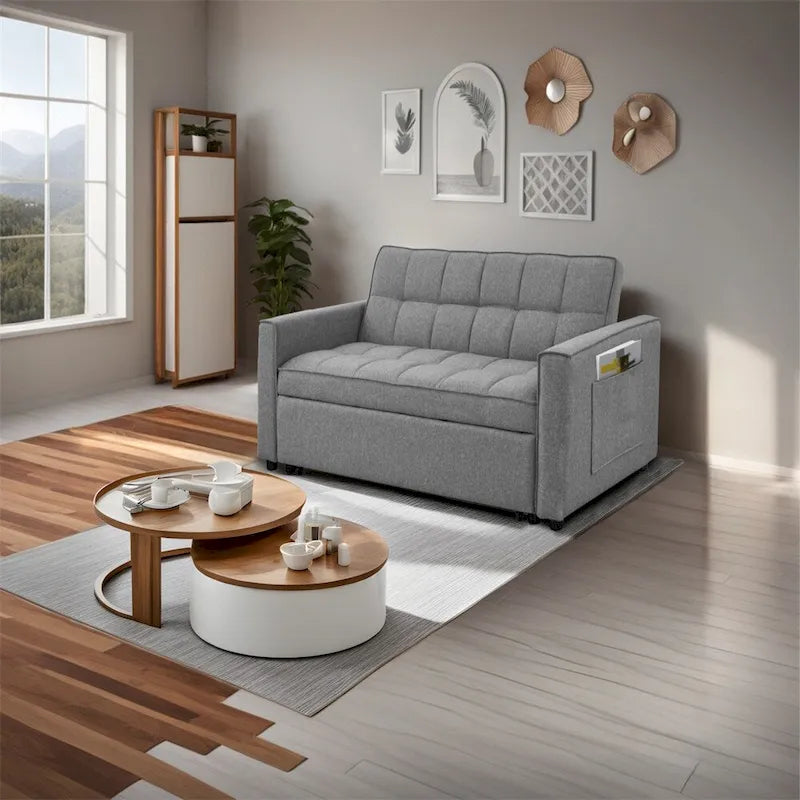 Elegante sofá cama extraíble con tejido de poliéster trenzado y estructura de madera maciza