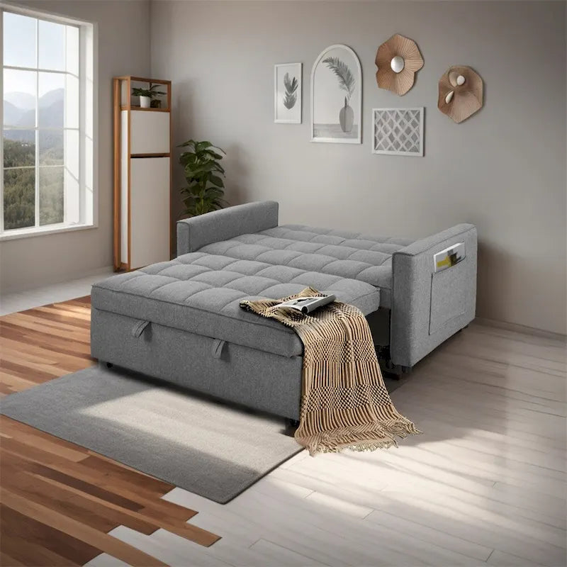Elegante sofá cama extraíble con tejido de poliéster trenzado y estructura de madera maciza