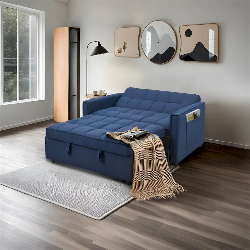 Elegante sofá cama extraíble con tejido de poliéster trenzado y estructura de madera maciza