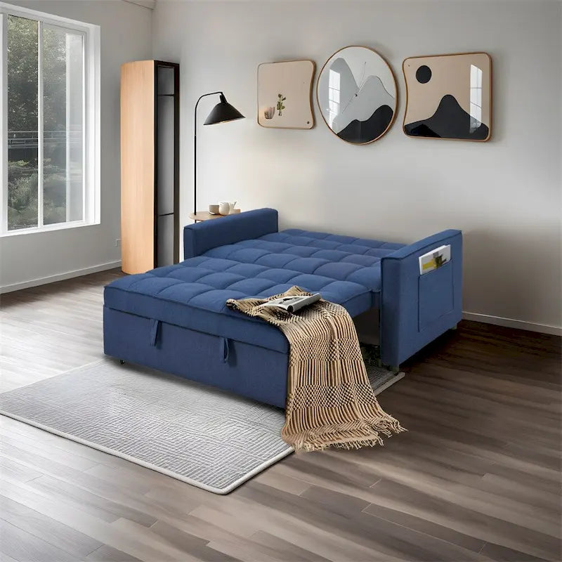 Elegante sofá cama extraíble con tejido de poliéster trenzado y estructura de madera maciza