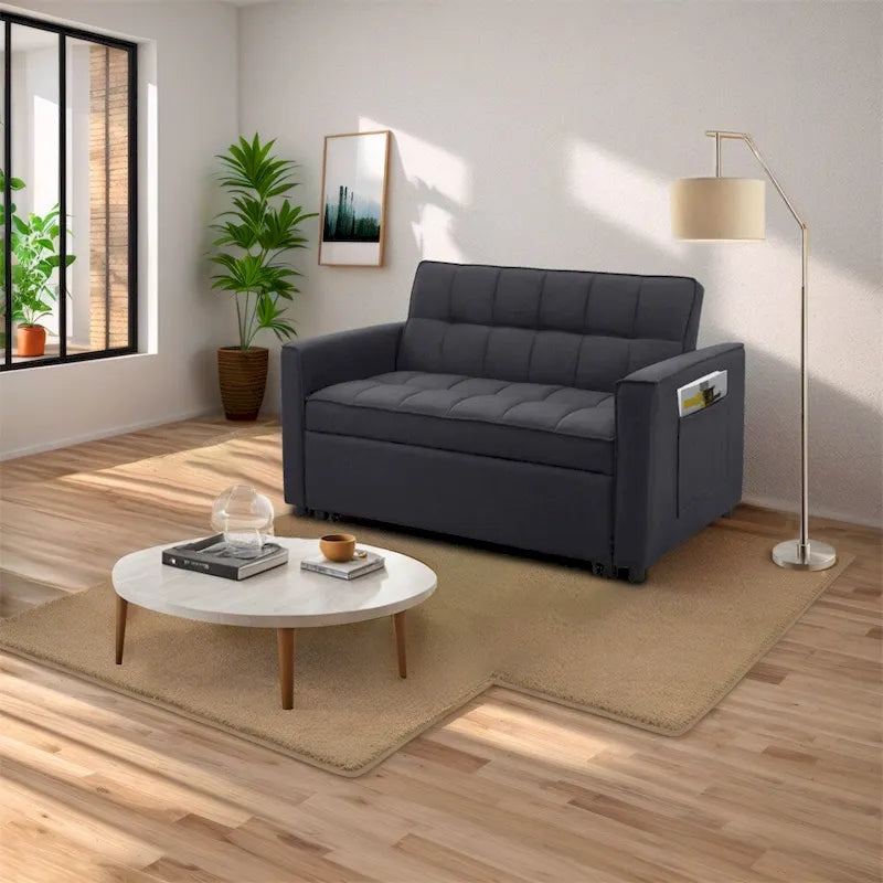 Elegante sofá cama extraíble con tejido de poliéster trenzado y estructura de madera maciza
