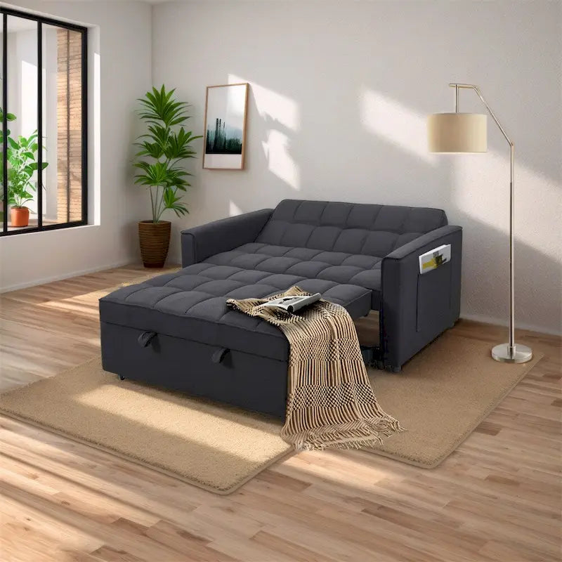 Elegante sofá cama extraíble con tejido de poliéster trenzado y estructura de madera maciza