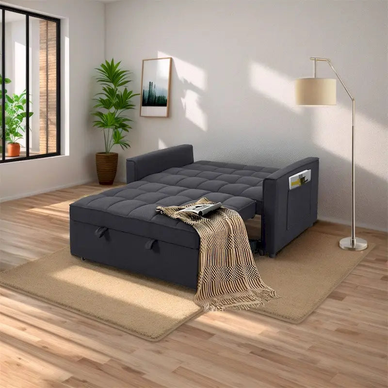 Elegante sofá cama extraíble con tejido de poliéster trenzado y estructura de madera maciza