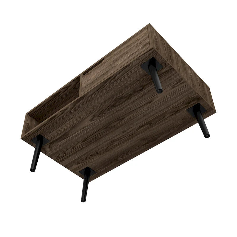 Mesa de centro, un cajón, un estante abierto, cuatro patas, acabado nogal oscuro