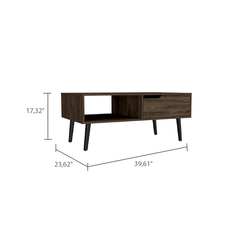 Mesa de centro, un cajón, un estante abierto, cuatro patas, acabado nogal oscuro