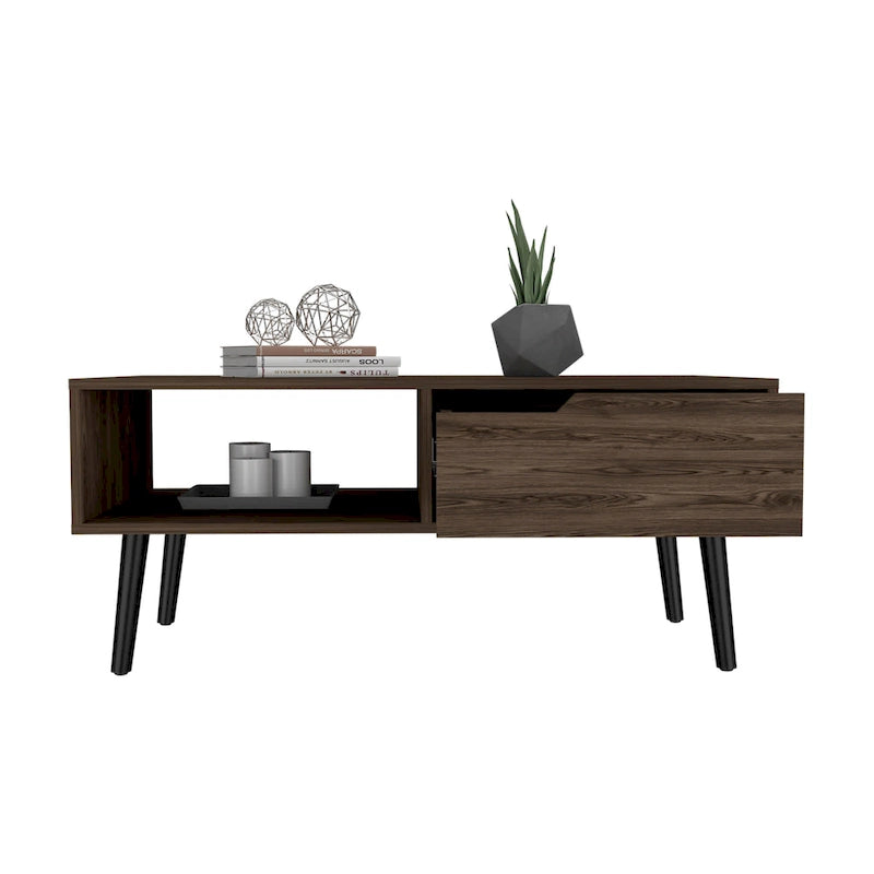 Mesa de centro, un cajón, un estante abierto, cuatro patas, acabado nogal oscuro