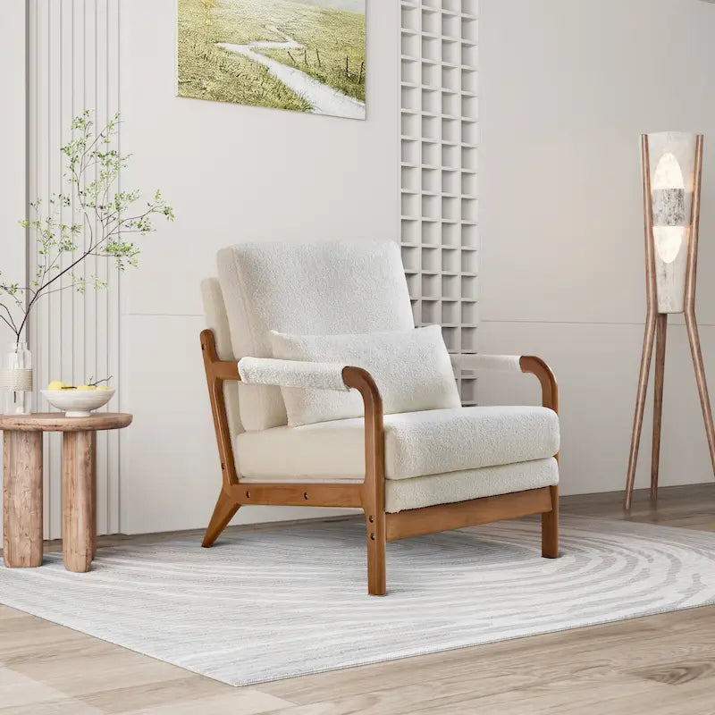 Sillón Moderno de Tela de Borreguillo, Sofá Individual con Marco de Madera para Sala de Estar