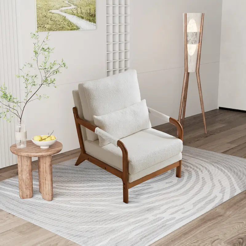 Sillón Moderno de Tela de Borreguillo, Sofá Individual con Marco de Madera para Sala de Estar