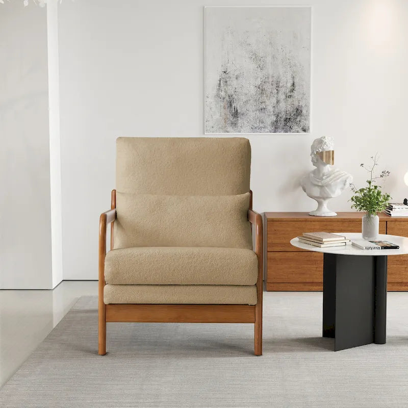 Sillón Moderno de Tela de Borreguillo, Sofá Individual con Marco de Madera para Sala de Estar