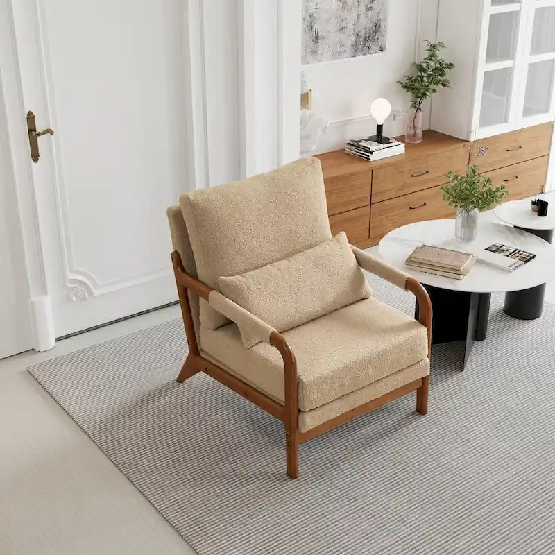 Sillón Moderno de Tela de Borreguillo, Sofá Individual con Marco de Madera para Sala de Estar