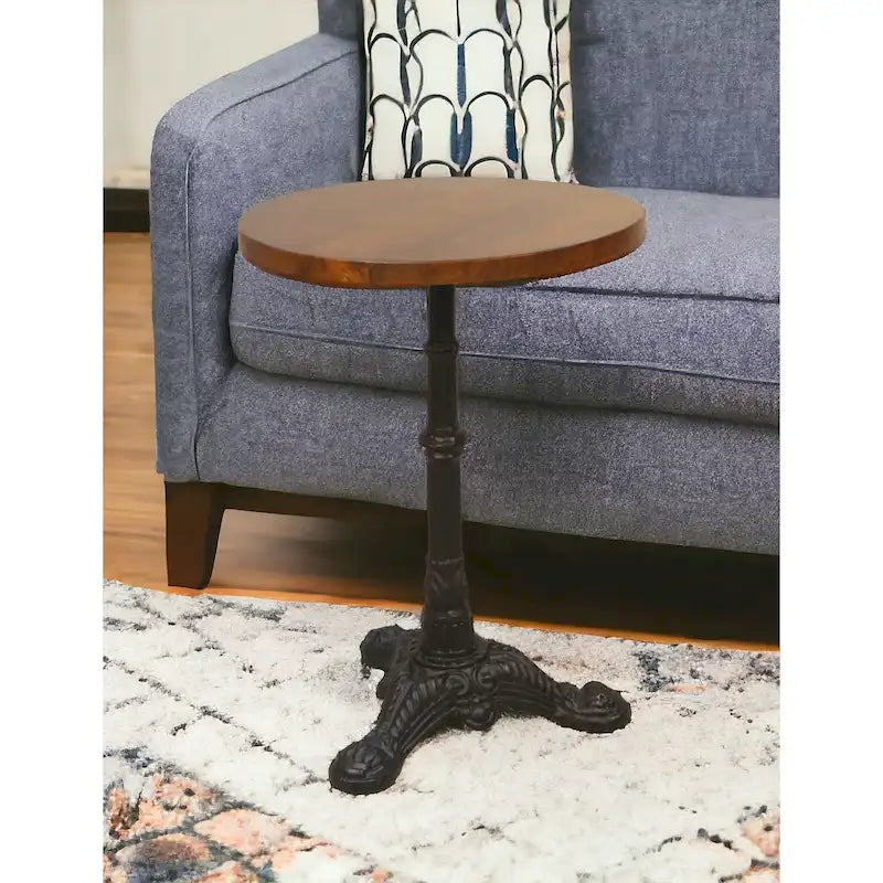 Mesa auxiliar redonda de madera maciza y hierro, 28 en negro y marrón madera - 28