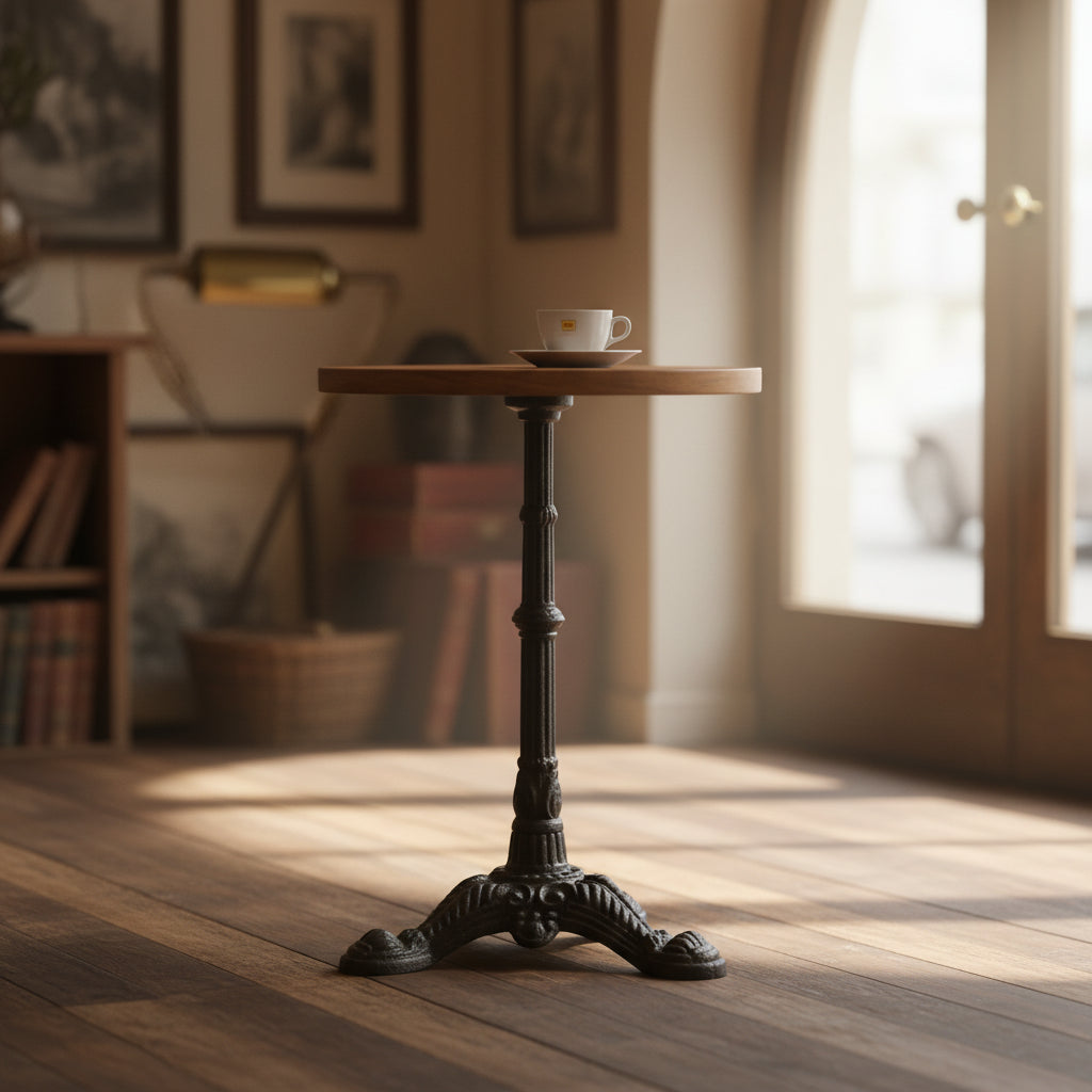 Mesa auxiliar redonda de madera maciza y hierro, 28 en negro y marrón madera - 28