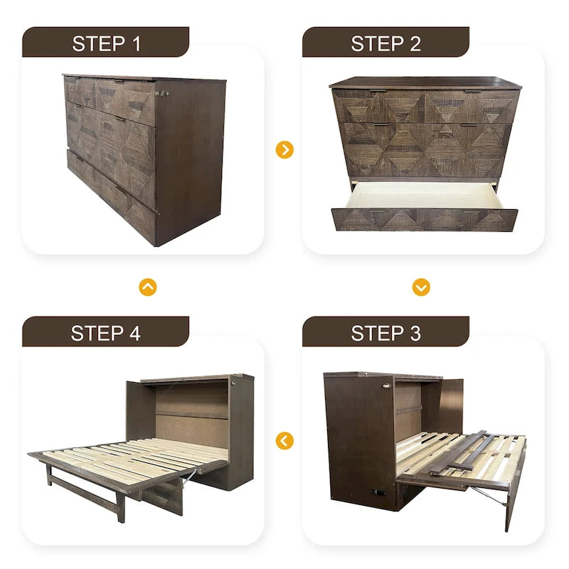 Cama Murphy de gabinete de tamaño completo estilo rústico con estación de carga y cajón grande de almacenamiento