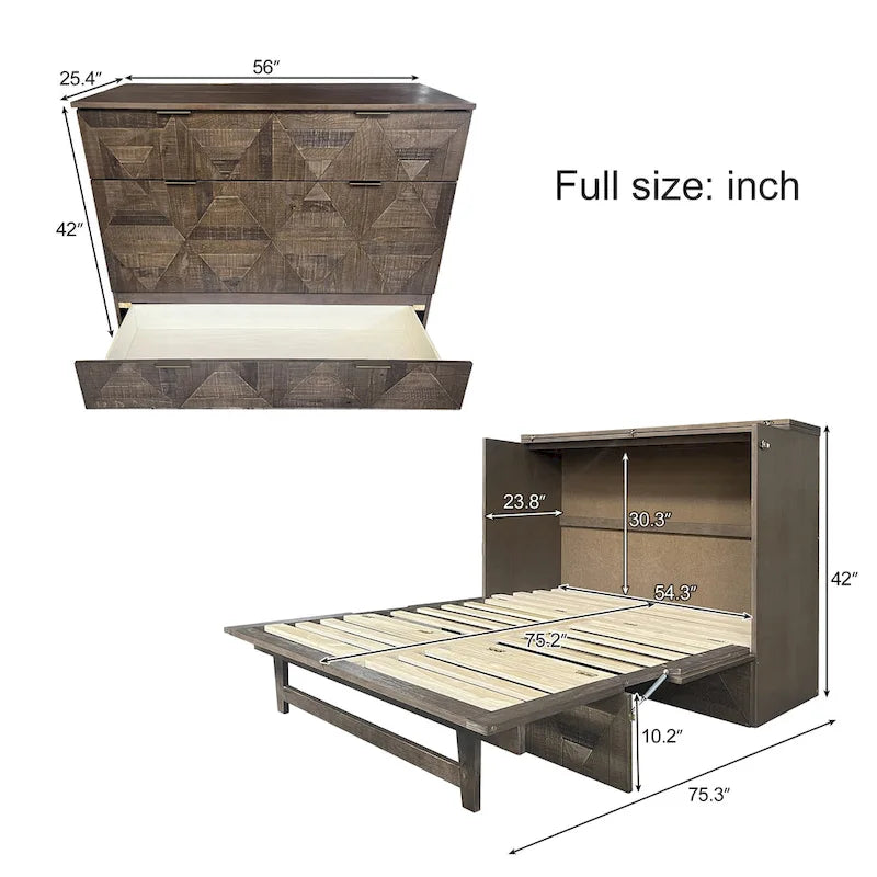 Cama Murphy de gabinete de tamaño completo estilo rústico con estación de carga y cajón grande de almacenamiento