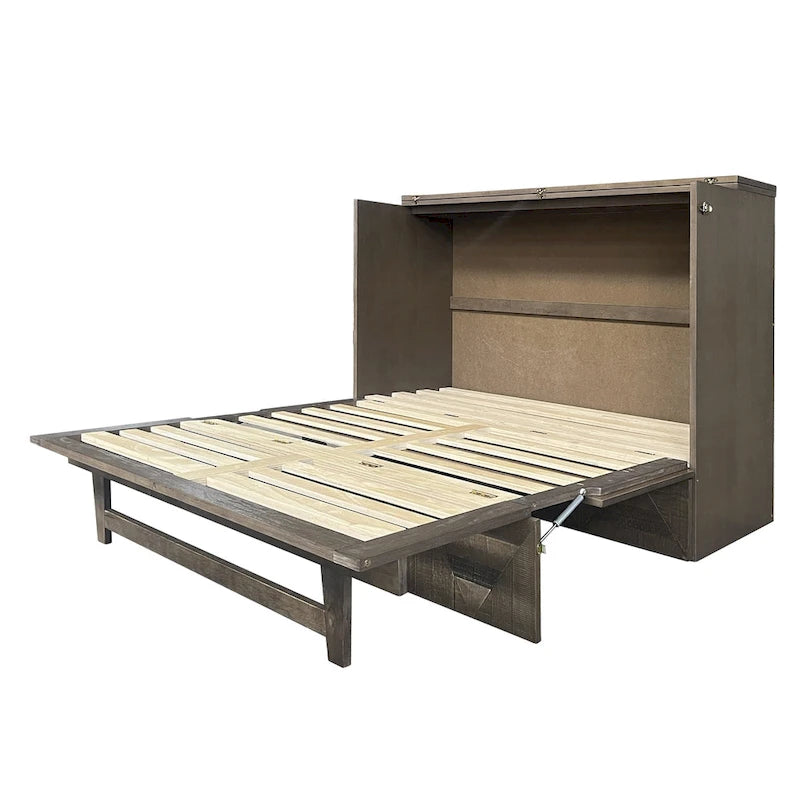 Cama Murphy de gabinete de tamaño completo estilo rústico con estación de carga y cajón grande de almacenamiento