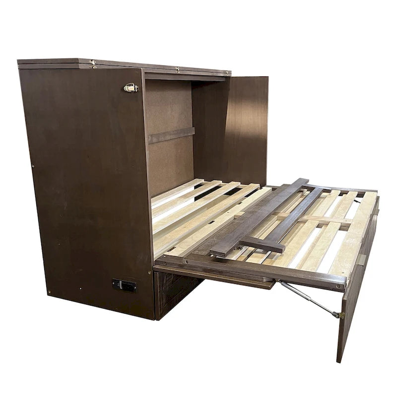 Cama Murphy de gabinete de tamaño completo estilo rústico con estación de carga y cajón grande de almacenamiento