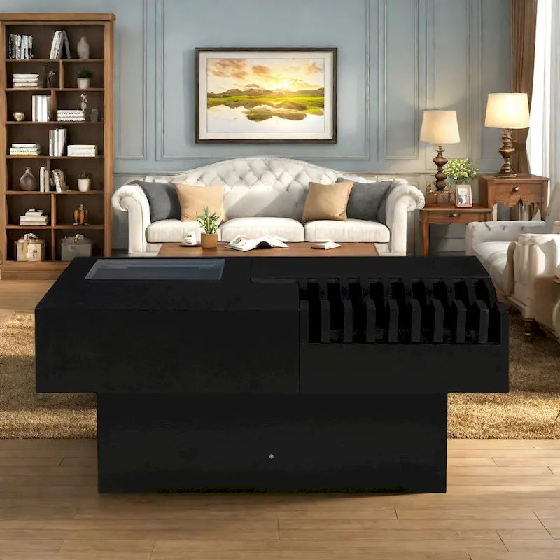 Mesa de centro cuadrada multifuncional de madera maciza con diseño de ondas y cajones de almacenamiento