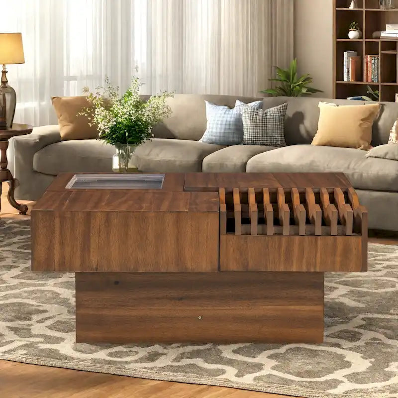 Mesa de centro cuadrada multifuncional de madera maciza con diseño de ondas y cajones de almacenamiento