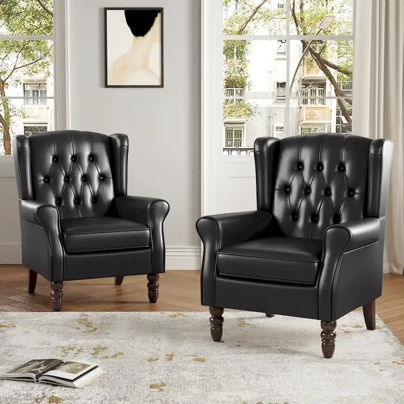 Juego de 2 sillones decorativos tapizados con botones, de cuero vegano.