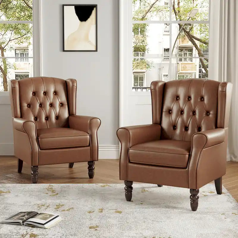 Juego de 2 sillones decorativos tapizados con botones, de cuero vegano.