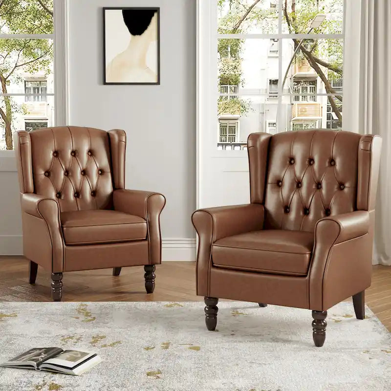 Juego de 2 sillones decorativos tapizados con botones, de cuero vegano.