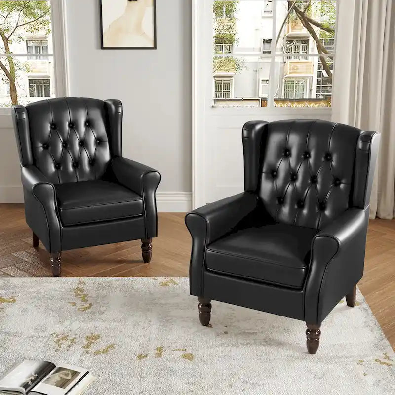 Juego de 2 sillones decorativos tapizados con botones, de cuero vegano.