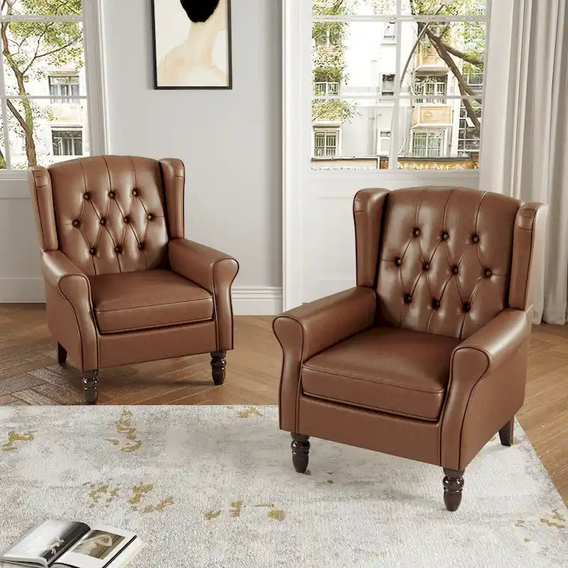 Juego de 2 sillones decorativos tapizados con botones, de cuero vegano.